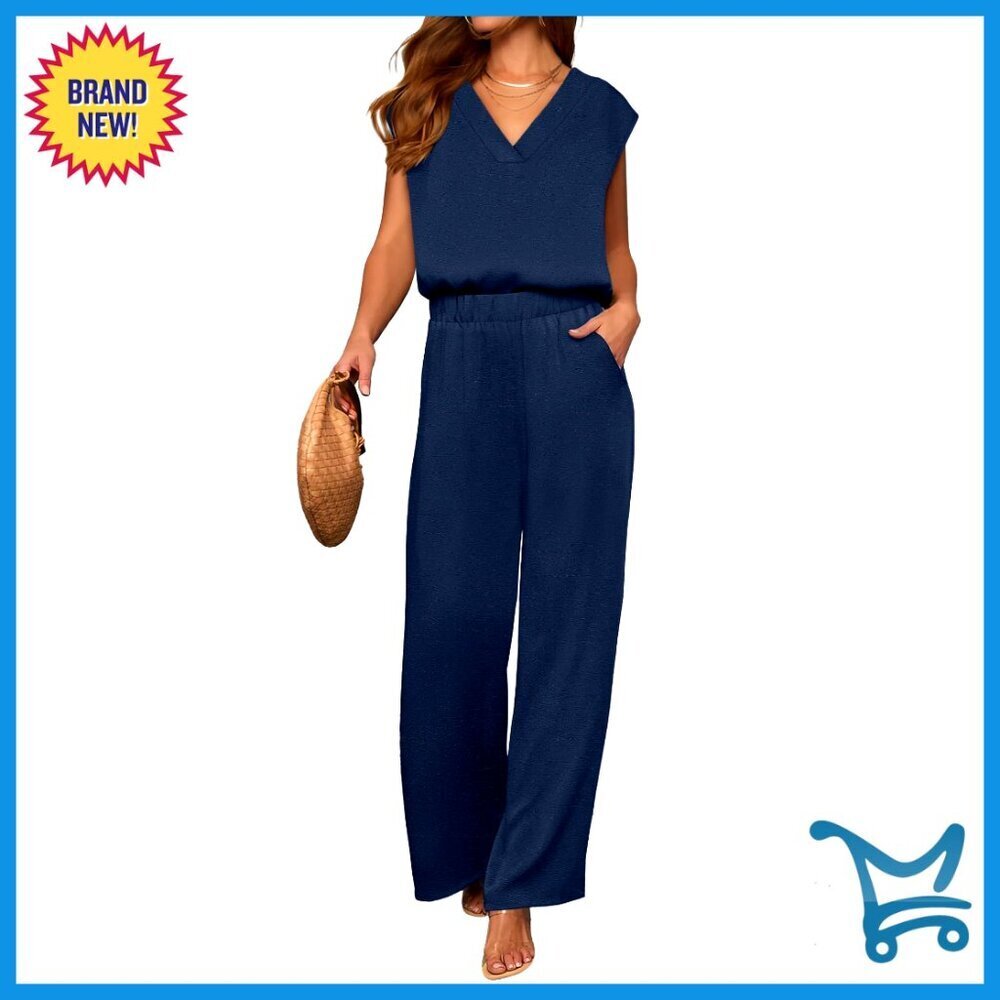 V-Neck Sleeveless Top Wide Leg Pants Lounge Set Lightweight Polyester Loose Fit